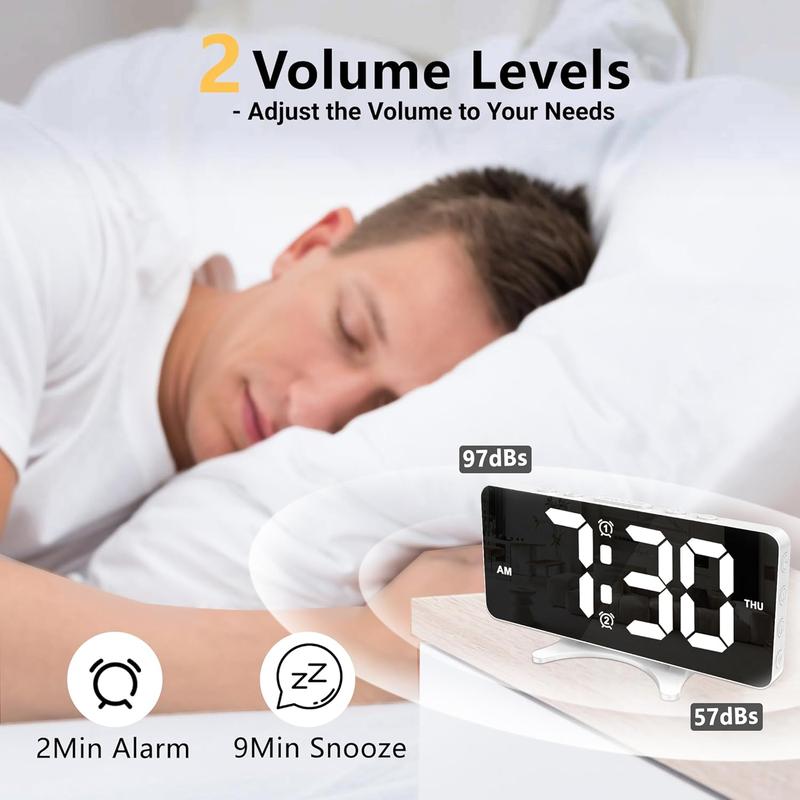 Bedroom alarm clock, ultra-thin LED mirror digital alarm clock, large display with dimming mode, dual USB port, level 4 brightness and level 2 volume, desk clock decorated in office home bedroom dormitory living room