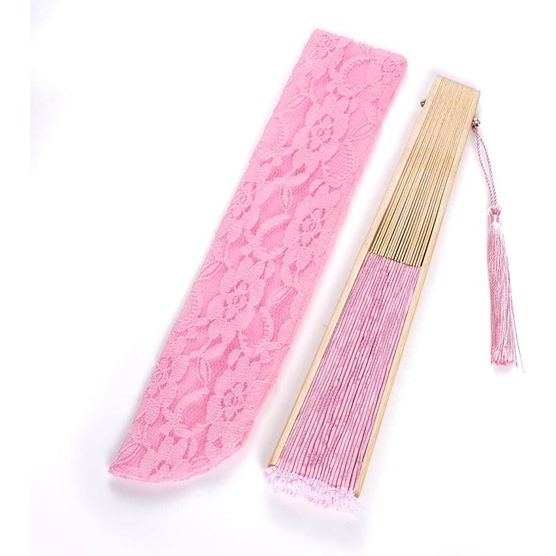 Lace Handheld Chinese Folding Fan Bamboo Silk Folding Fan for Women Wedding Decoration Dancing Party,Pink cloth light curve wood wooden gifts