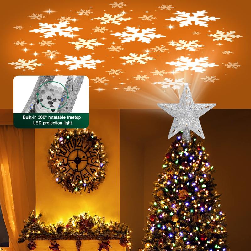 Christmas tree topper lights up with 6 projection modes, Christmas star tree topper built-in LED rotating light, silver 3D flash dynamic projection, suitable for Christmas party holiday decoration