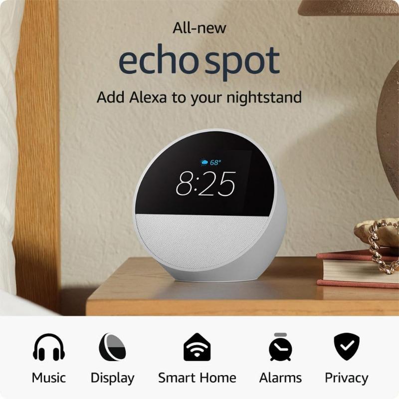 All-new Echo Spot (2024 release), Great for nightstands, offices and kitchens, Smart alarm clock with speaker and Alexa, Black