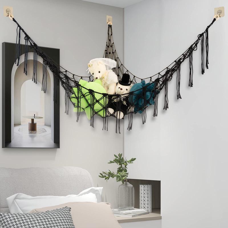 55 inch Toy Hammock Macrame boho Stuff Animal Storage Corner Hanging Net Holder,Mesh Hammock Plush Toy Organizer with Hooks for Bedroom