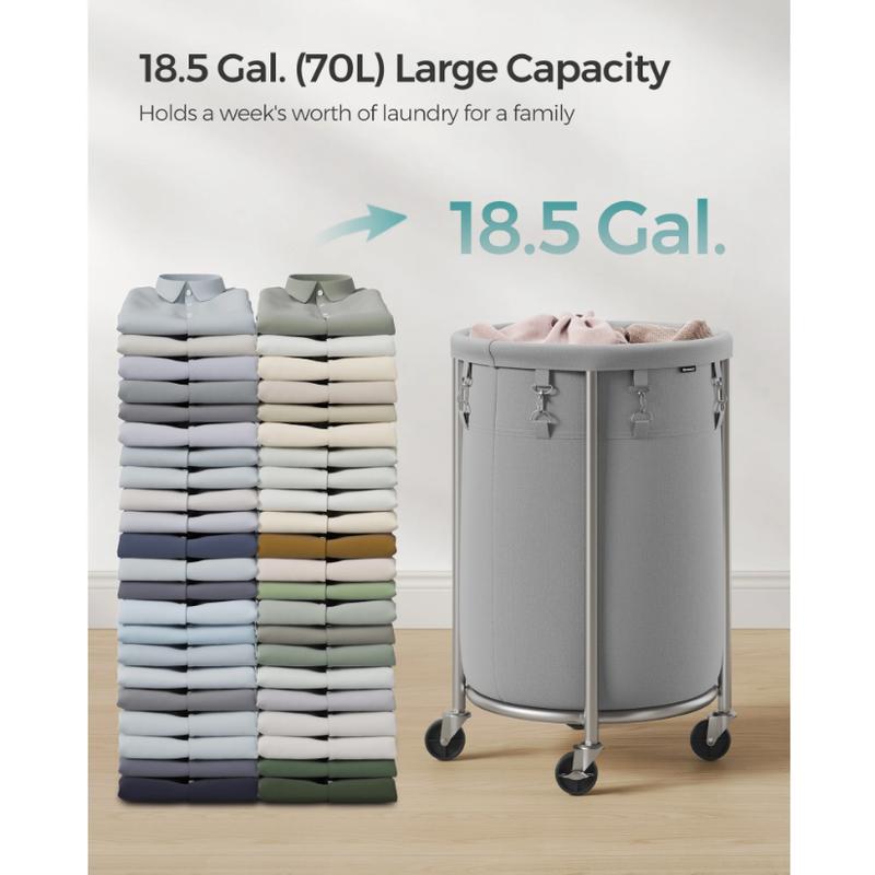 SONGMICS 18.5Gal Round Laundry Sorter Laundry Hamper with Wheels Rolling Laundry Cart with Removable Bag for Laundry Room Gray and Silver1306