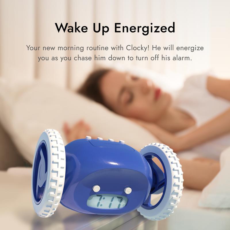 CLOCKY Runaway Alarm Clock Loud for Heavy Sleepers on Wheels! FUNNY Gift Idea, Prank Gift, Sleep Hack for Hard to Wake Up People Decor Room Light Wood Student