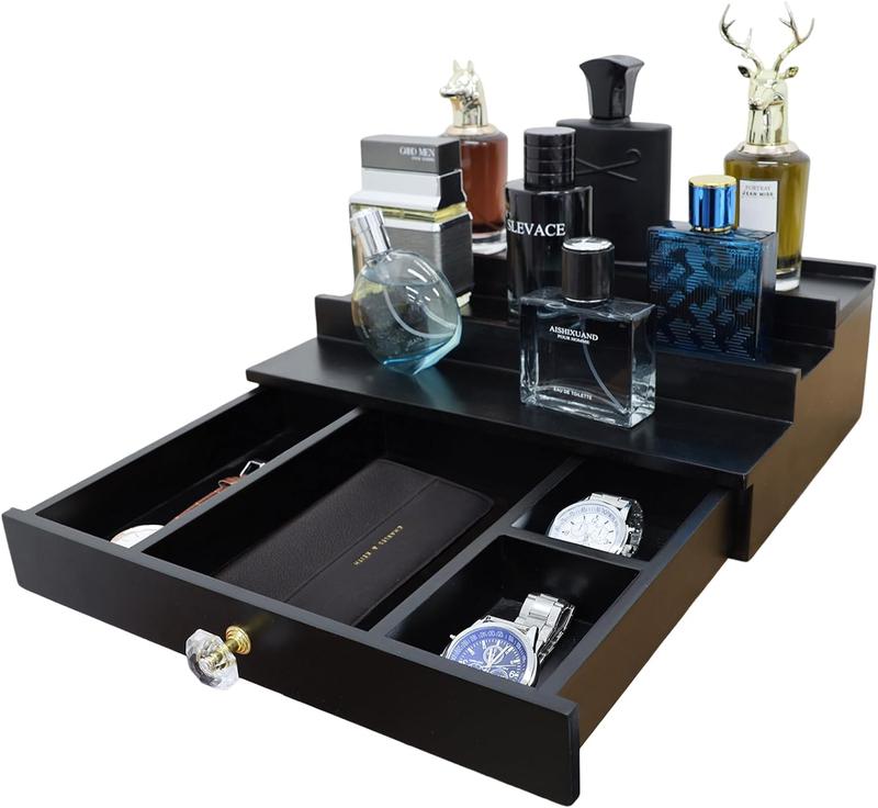 Cologne Organizer for Men 3 Tier Cologne Stand with Drawer and Hidden Compartment Cologne Holder for Men, Wood, Cologne Shelf for Men Gift Perfume Mens Cologne Tray Boxes Wooden