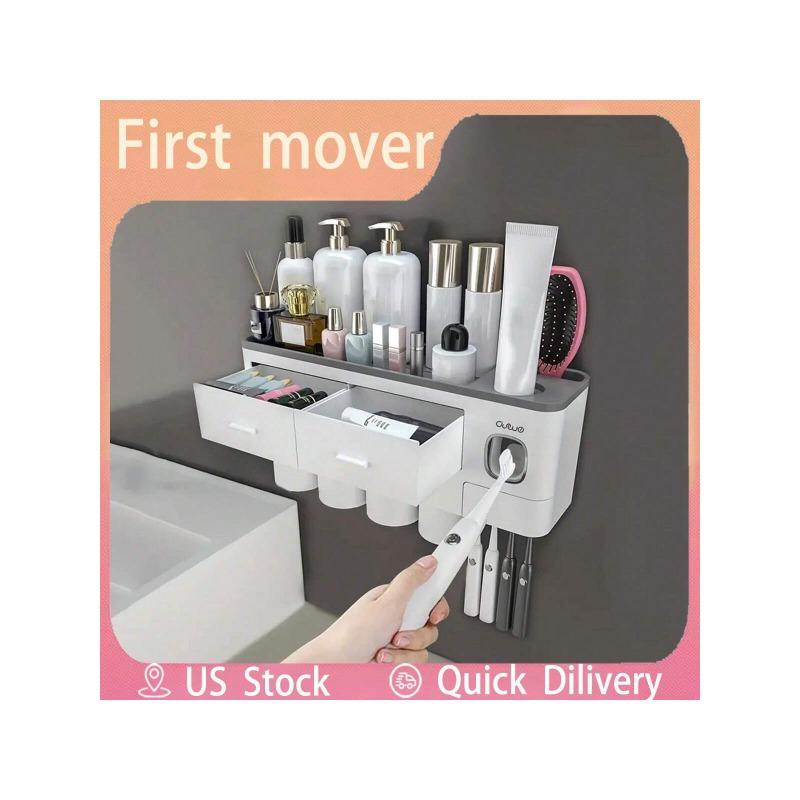 1 Set Wall Mount Toothbrush Holder With 2 4 Cups, Plastic Automatic Toothpaste Dispenser, Bathroom Storage Rack, Toothbrush & Toothpaste Organizer, Space Saving Bathroom Accessories christmas 2024 ornament