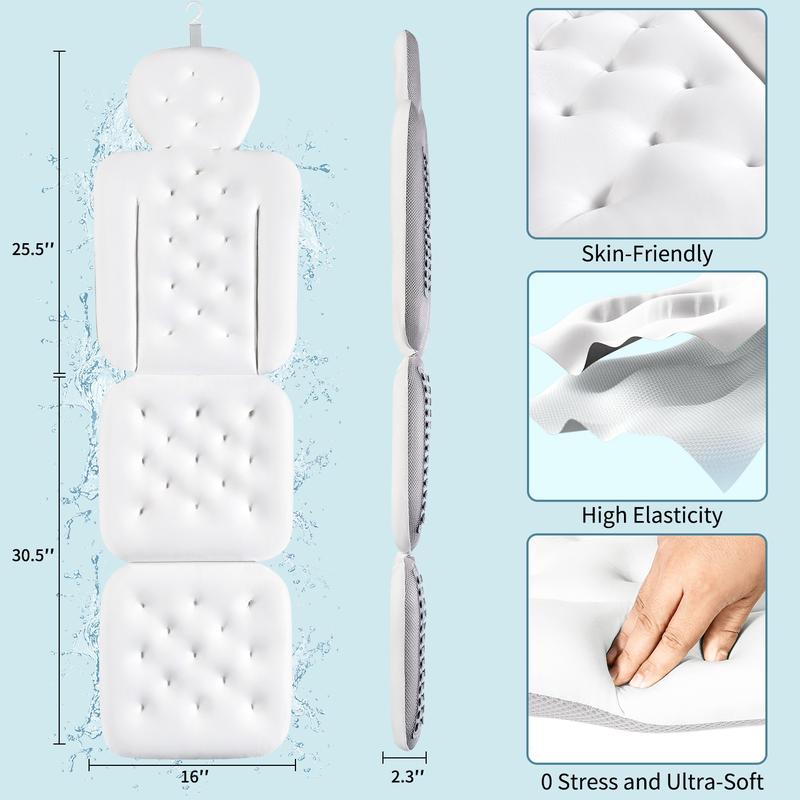 Bathtub Pillow Full Body,Luxury Bath Cushion for Tub with 160 Suction Cups,Bath Mat for Head and Neck Support with Laundry Bag White bath mat Gift