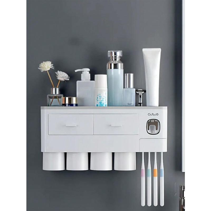 1 Set Wall Mount Toothbrush Holder With 2 4 Cups, Plastic Automatic Toothpaste Dispenser, Bathroom Storage Rack, Toothbrush & Toothpaste Organizer, Space Saving Bathroom Accessories christmas 2024 ornament