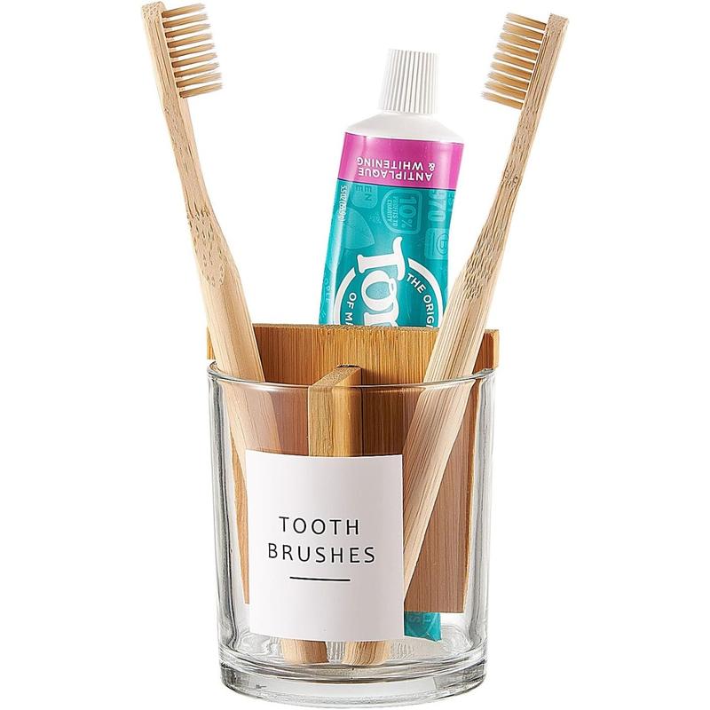 Glass Toothbrush and Holder with Bamboo Divider for Bathroom Countertop, Toothbrush Organizer Stand for Bathroom Vanity Countertops - 1 Pack