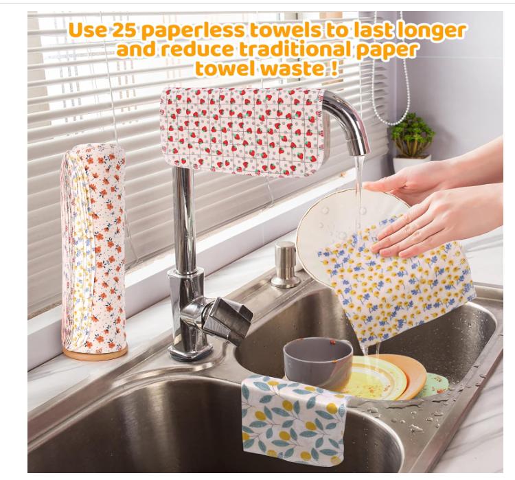 Reusable Paper Towels Roll, 25 Packs Washable Cotton Flannel Paper Towels, w Cardboard Roll, 10 X 10in Super Soft, Absorbent, Fits on All Holders Kitchen Cloths Paper Towels