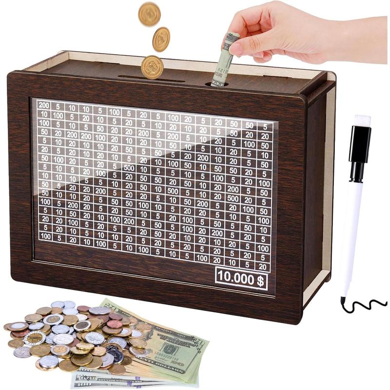 Cash Vault Wooden Savings Box, Wooden Cash Saver Money Box, Cash Coin Retro Money Savings Box with Counter, Saving Challenge Box 10,000, Money Box Kids Adults (Darkbrown)