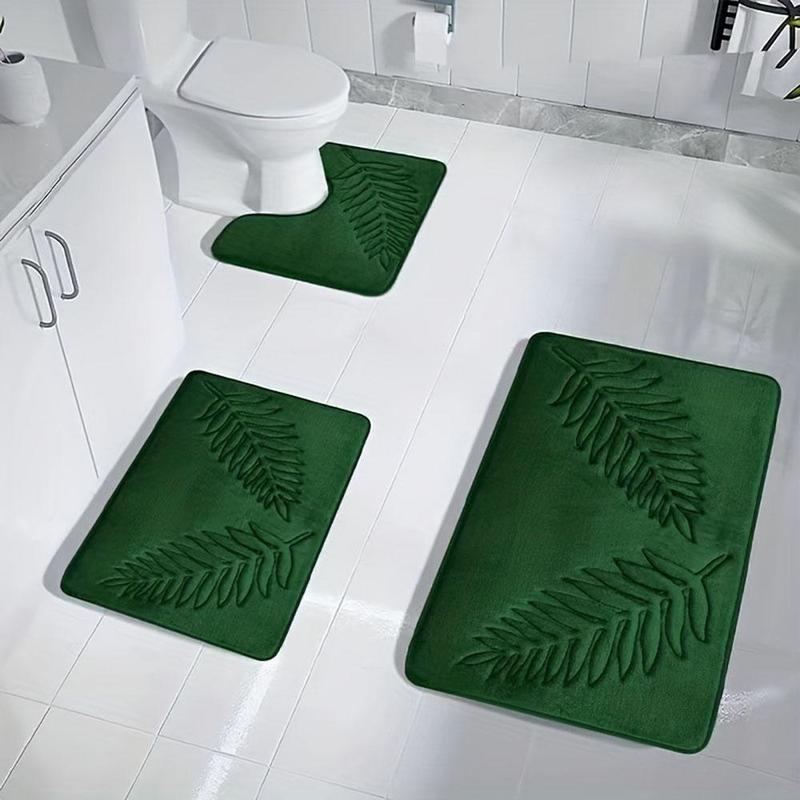 Leaf Pattern Bathroom Mat (3 Counts set), Including 2 Counts Rectangular Mat & 1 Count U-shaped Toilet Mat, Bathroom Supplies