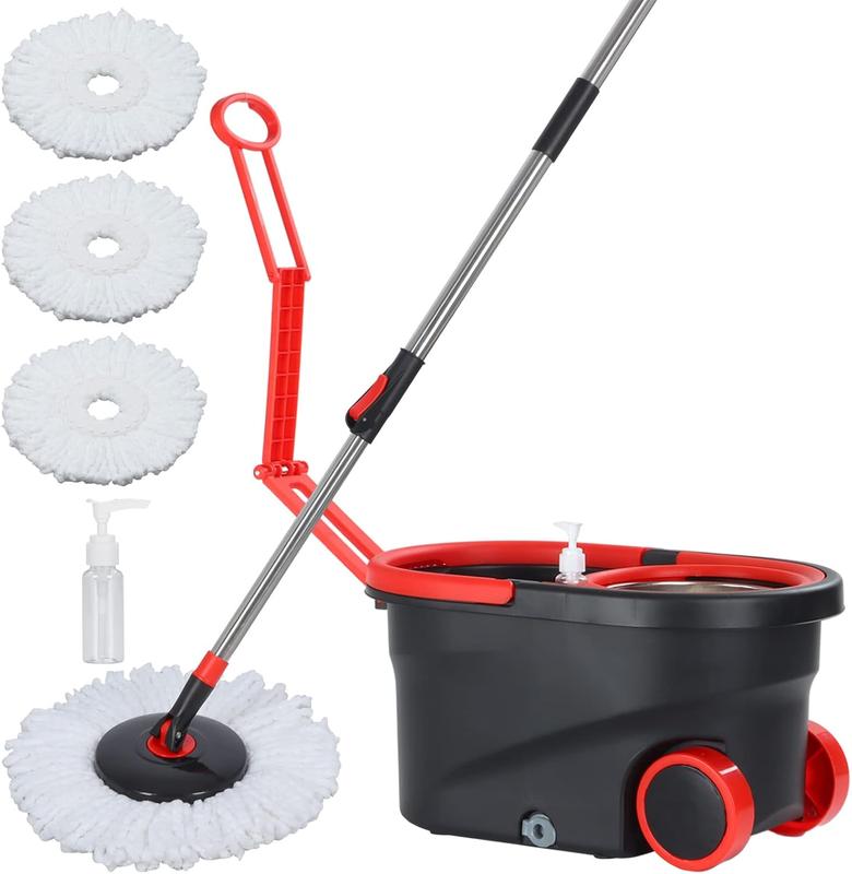 Spin Mop Bucket Set with 2pcs Microfiber Round Replacement Heads, Dragging Rod and Movable Wheels - Home Cleaning Stainless Steel and PP Material