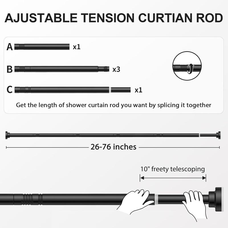 Shower Curtain Rod Tension - 26-76 Inch Never Rust Non-Slip Spring Tension Curtain Rod No Drilling Stainless Steel Curtain Rod Use Bathroom Kitchen(Black)