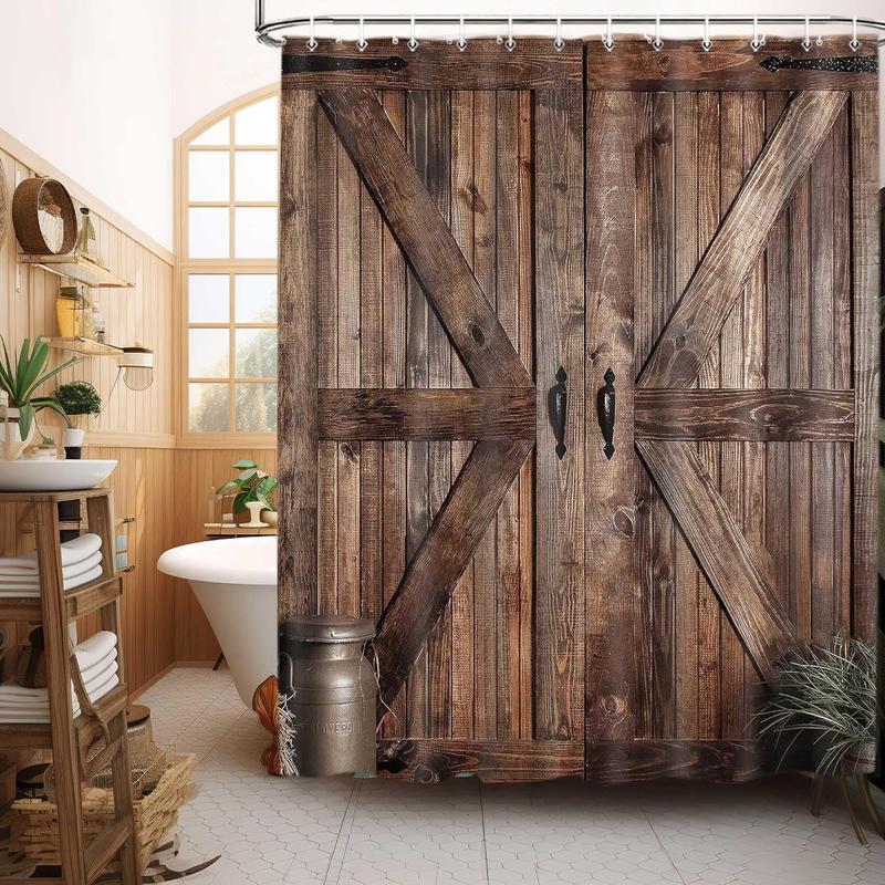 Rustic Barn Door Shower Curtain Vintage Countryside Wood Board Waterproof Fabric Bath Curtain with Hooks 70 x72 inch Set Farmhouse