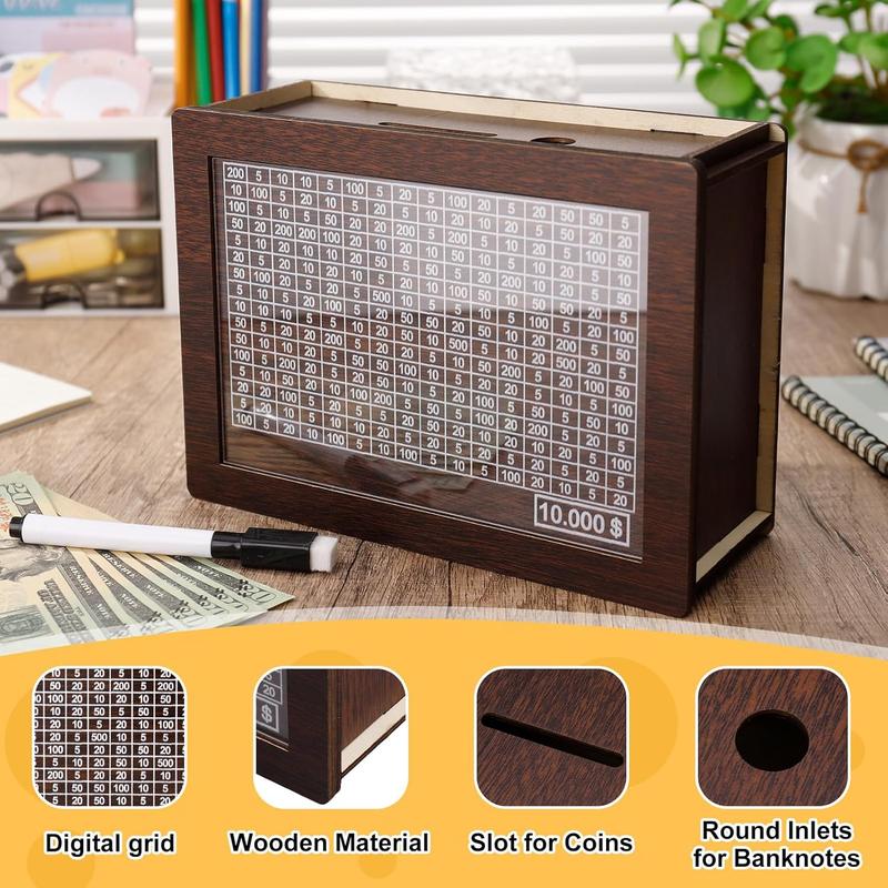 Cash Vault Wooden Savings Box, Wooden Cash Saver Money Box, Cash Coin Retro Money Savings Box with Counter, Saving Challenge Box 10,000, Money Box Kids Adults (Darkbrown)