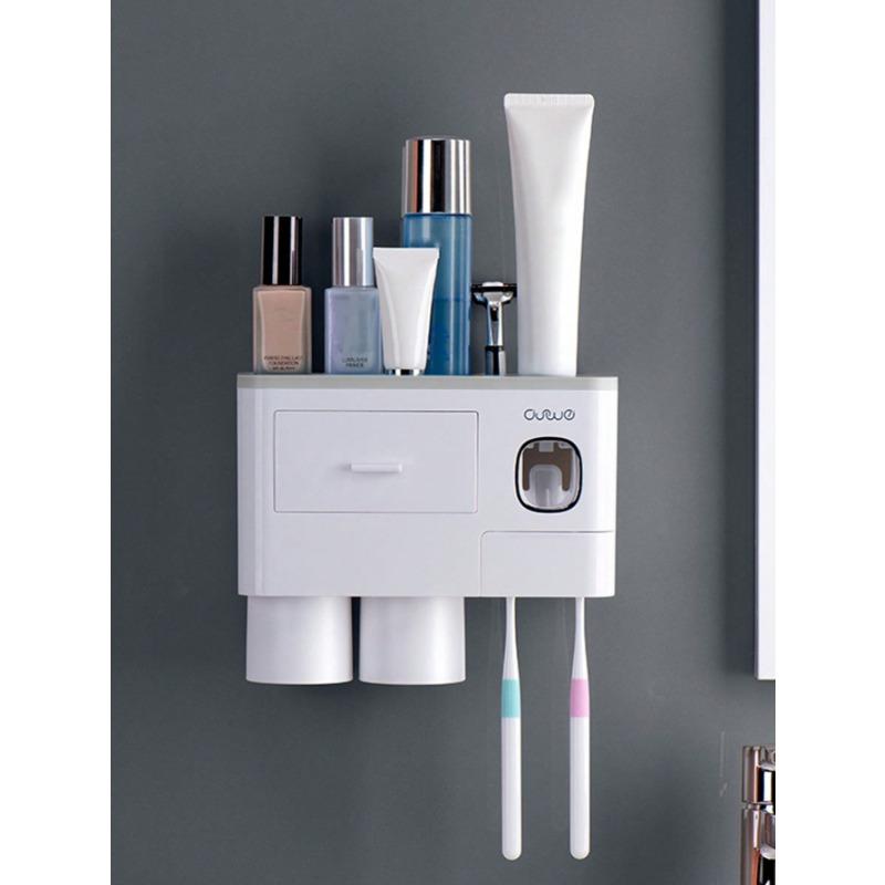 1 Set Wall Mount Toothbrush Holder With 2 4 Cups, Plastic Automatic Toothpaste Dispenser, Bathroom Storage Rack, Toothbrush & Toothpaste Organizer, Space Saving Bathroom Accessories christmas 2024 ornament