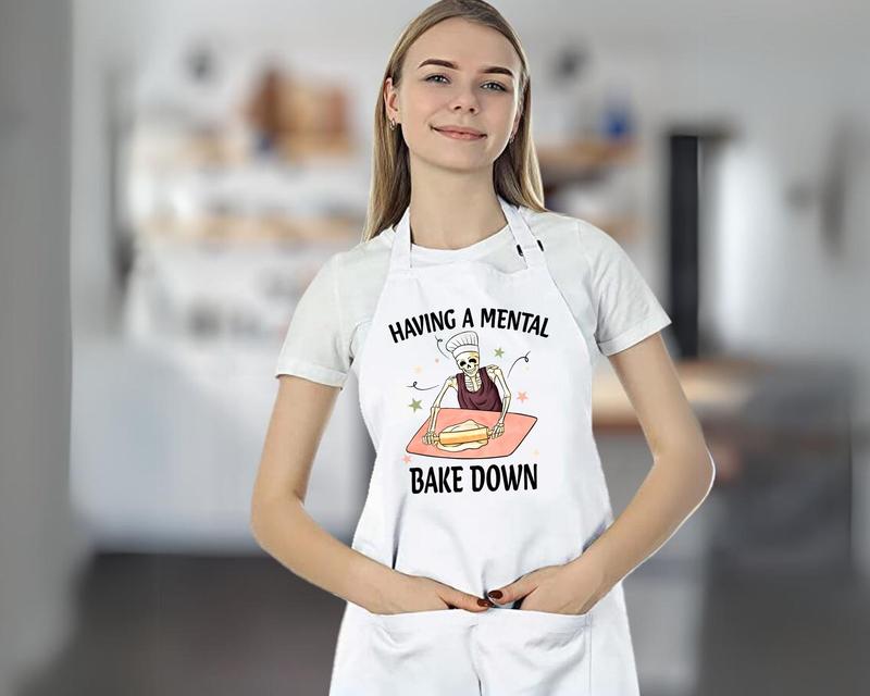 Having a Mental Bake Down Apron, Skeleton Chef Apron, Gift for Baker, Funny Cooking Apron, Halloween Baking Apron, Halloween Chef Aprons