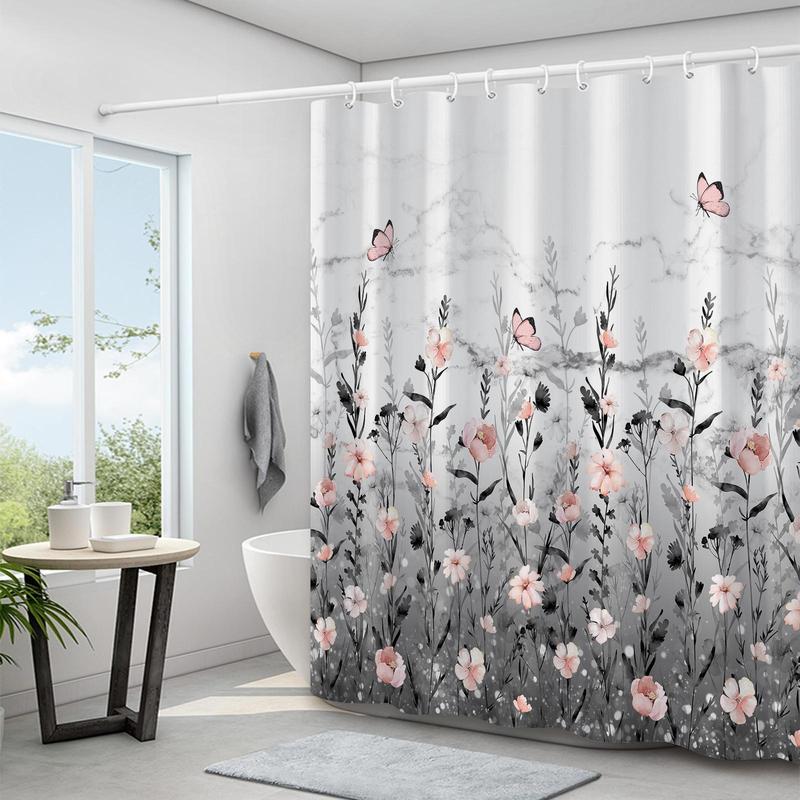 Floral Print Shower Curtain, 1 Count Boho Style Bathroom Curtain with 12pcs Hooks, Bathroom Decor Supplies for Home Hotel Salon Dormitory