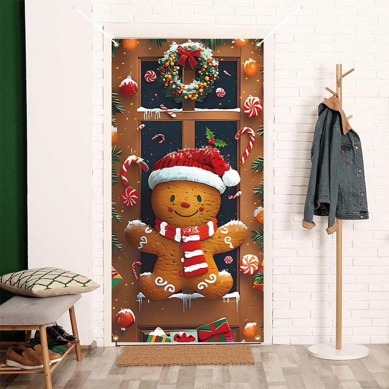 Gingerbread Man Pattern Door Cover, 1 Count Christmas Themed Door Decoration, Door Hanging Decoration for Home Living Room Bedroom, Home Decor