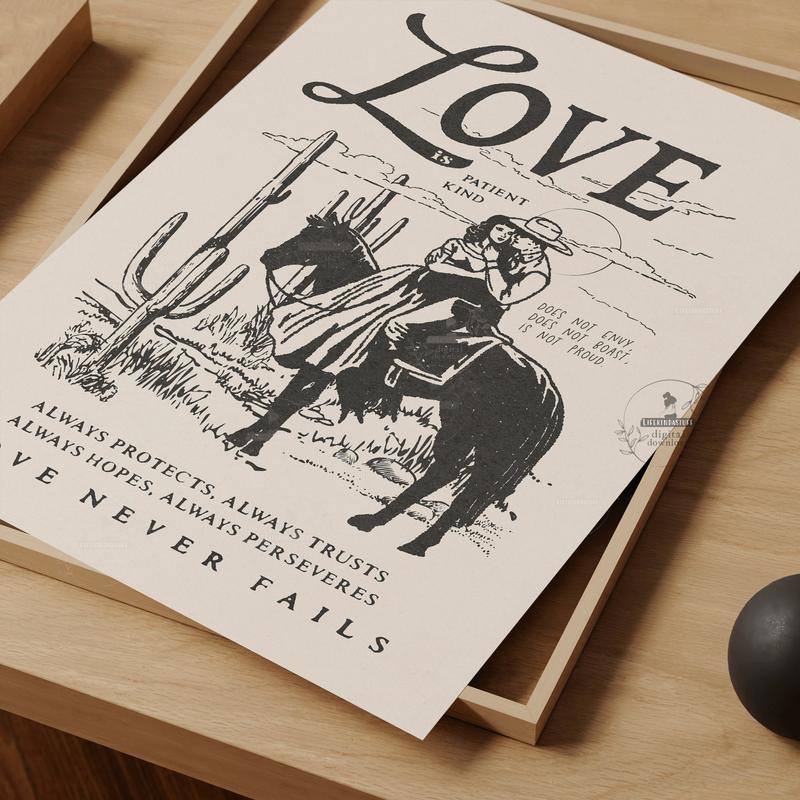 1 Corinthians Love Bible Verse Western Desert Wall Art, Modern Christian Couple Artwork Poster No Frame, Southwestern Housewarming Gift, Wild West Cactus Print, Decor Home