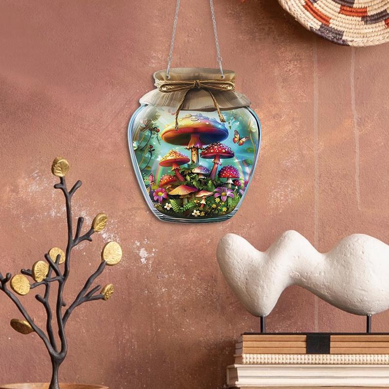 Mushroom Element Glass Jar Shaped Acrylic Hanging Sign, Wall Decor, Wall Art for Kitchen Studio Cafe Coffee Shop Living Room Office, Room Decor