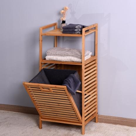 LEROY MORGAN Bathroom Laundry Basket Bamboo Storage Basket with 2-tier Shelf 17.32 x 13 x 37.8 inch Natural Style