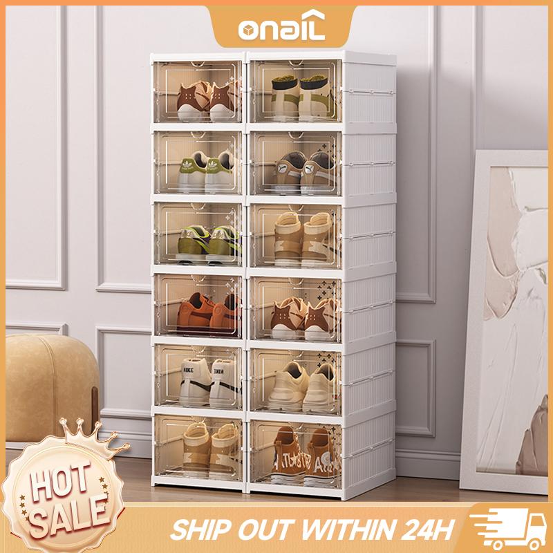 ONAIL Foldable Shoe Rack   Collapsible Storage Box for up to 14. 6-Layer Organizer. Free Standing Stackable Plastic Bins with Lids, foldable shoe rack shoe organizer