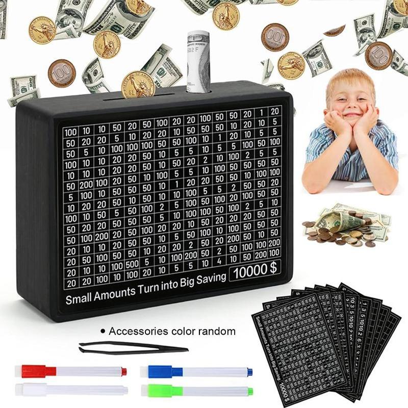 Wooden Money Box, 1 Count Money Saving Box with 4 Marker Pens, 8 Sheets Saving Targets and 1 Tweezer, Money Saving Game for Adults & Teens, Gift for Boys & Girls