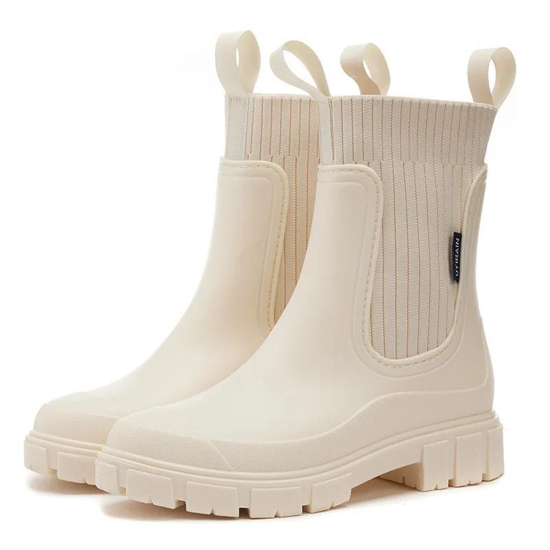 Boots Shoes Solid Mid Calf Shallow Pvc Round Toe Women's Rain Shoes Rain Boots Platform Women Waterproof Boots Markdown Sale