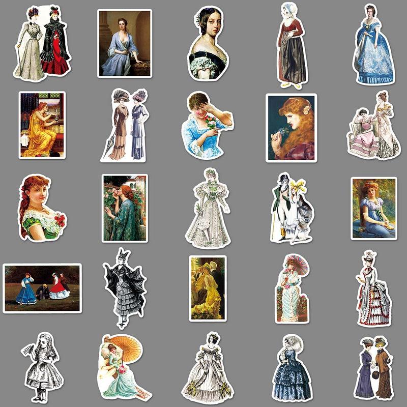 50 Sheets pack Vintage Palace Women Series Sticker, Scrapbooking & Journal Decorative Sticker, Waterproof Sticker For Stationery Computer Water Bottle Decoration