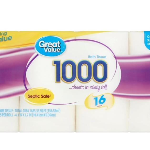 Great Value 1000 Bath Tissue Rolls, 16 Rolls