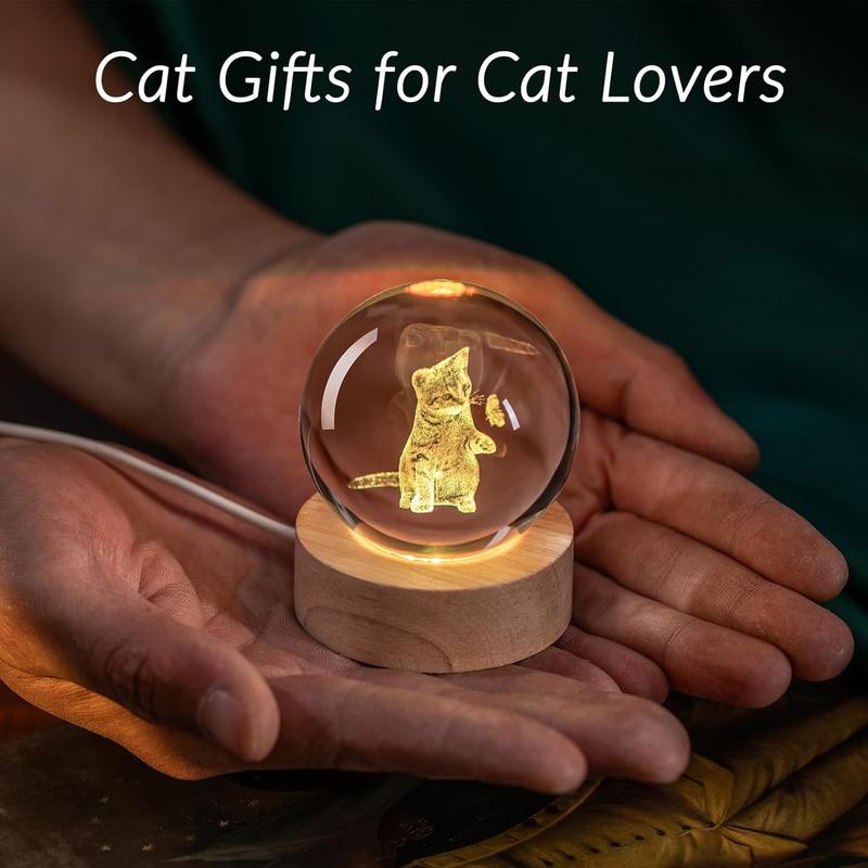 3D Cat Themed Gifts for Women Decor for Cat Lovers Cat Mom Crystal Ball Cat Related Sympathy Figurines Presents with Wooden Light Base