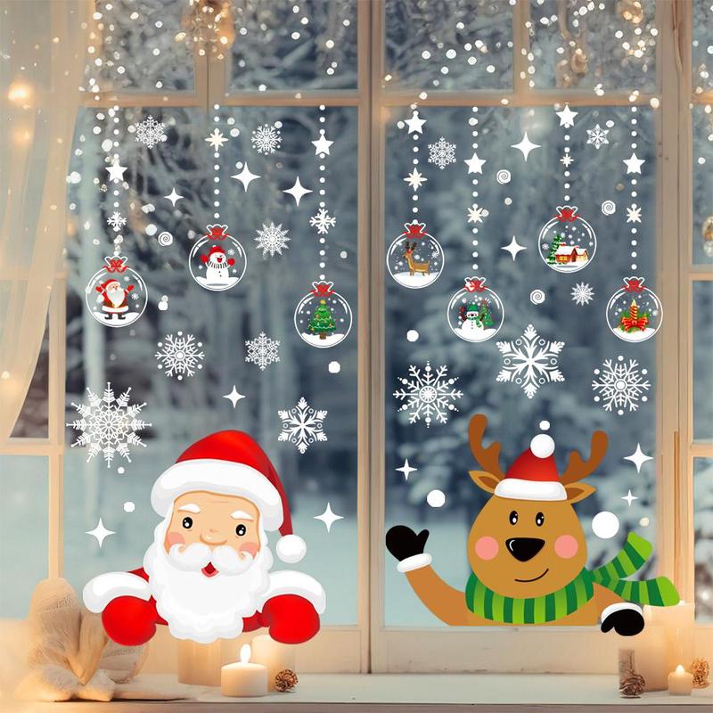 Christmas Window Sticker, 1 Set Santa Claus & Reindeer Pattern Window Decal, Window Decoration for Home Party Festival