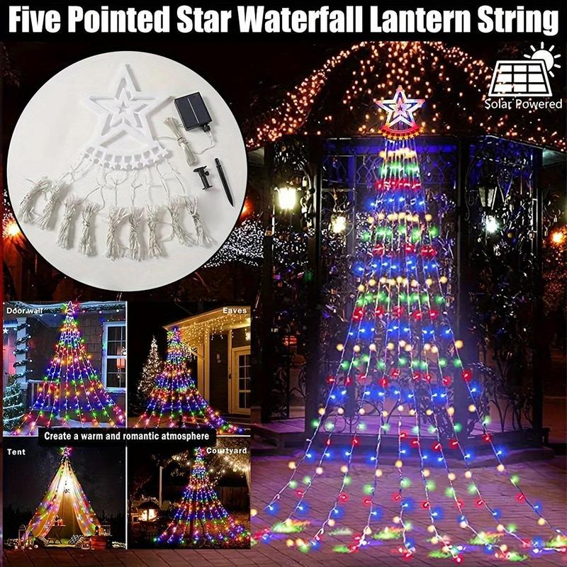 Solar Powered Christmas Tree Light, Star Shower Curtain Hanging Light, Outdoor Decorative Light for Garden, Yard, Terrace