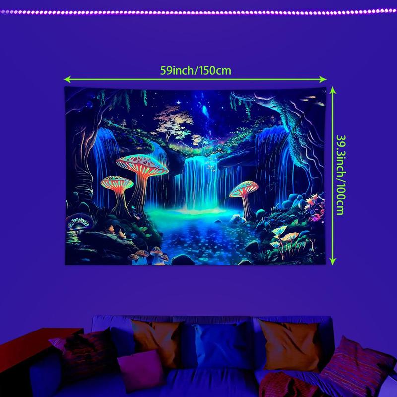 Fluorescent Mushroom Forest Pattern Tapestry, 1 Count UV Responsive Decorative Hanging Tapestry, Wall Hanging Decor for Home Living Room Bedroom, Home Decor