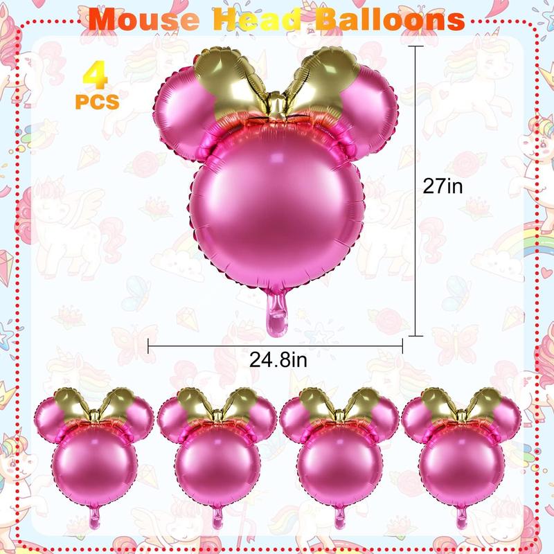 4 count Mouse Head Foil Balloons, 24'' Mouse Mylar Balloon for Birthday Party Decorations Jumbo Mouse Head Aluminum Foil Balloons Party Favors Supplies (Pink)