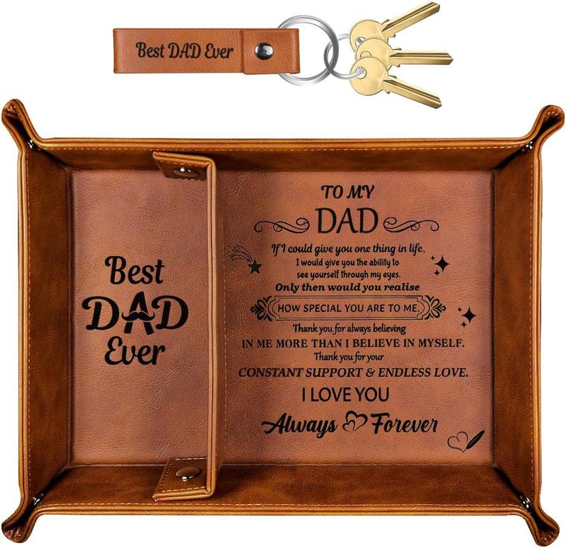 Best Dad Ever Gifts for Dad from Daughter, Birthday Gifts for Dad PU Leather Valet Tray and Keychain, Christmas Dad Gifts from Daughter Son Wife, Mens Stocking Stuffers Father Gifts for Christmas