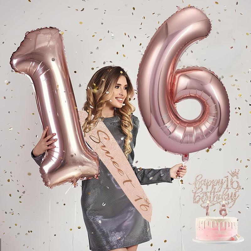 8pcs Sweet 16 Birthday Decorations for Girls, Including 16th Happy Birthday Cake Toppers, Birthday Queen Sash with Pearl Pin, Sweet Rhinestone Tiara Crown, Number Candles and Balloons Set, Rose Gold