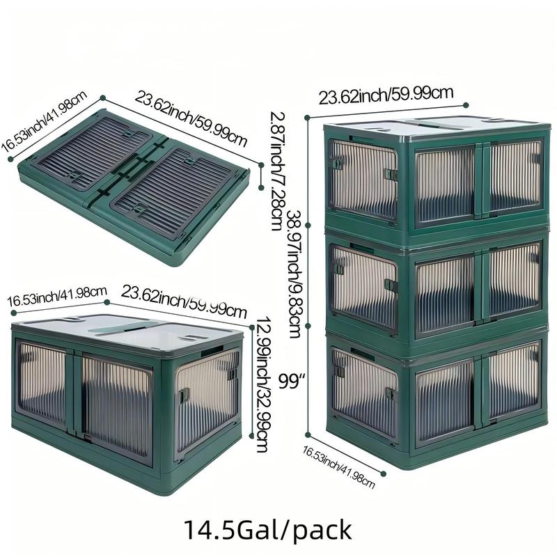 3 Pack Stackable Storage Bins With Lids - Green Plastic Storage Bins - Folding Storage Box - Foldable Plastic Storage Container With Lids And Doors - For Book Storage, Study Room