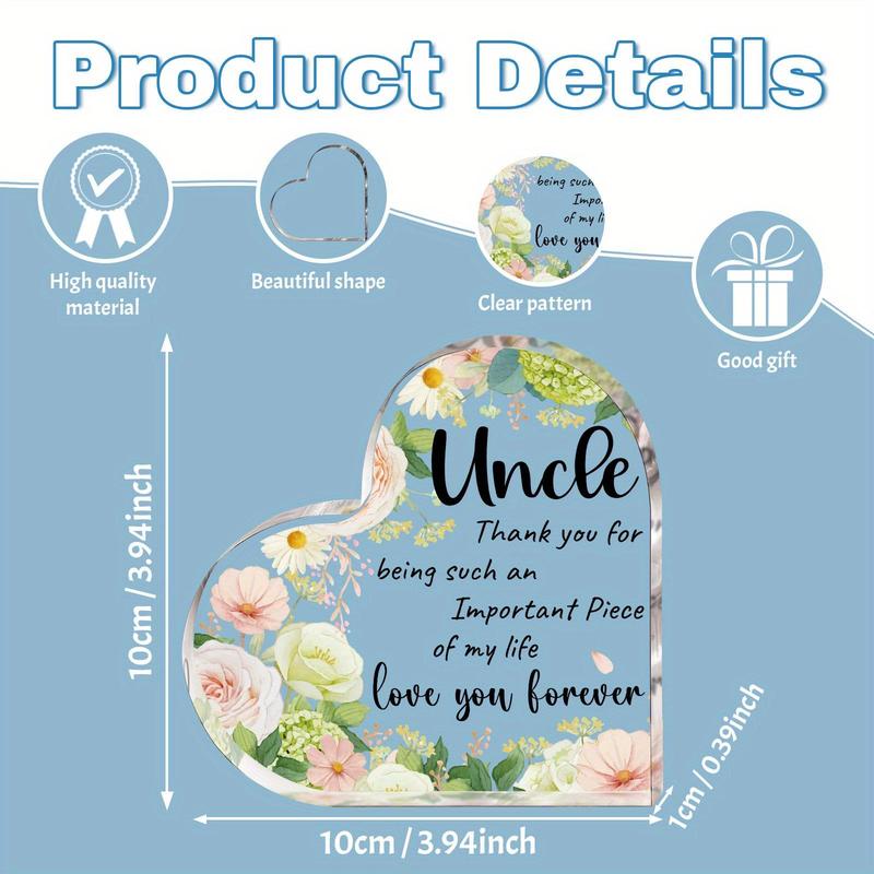 Flowers & Letters Pattern Acrylic Ornament, 1 Count Thank You Heart Shaped Gifts for Uncle, Desk Signs Ornaments for Table Tops