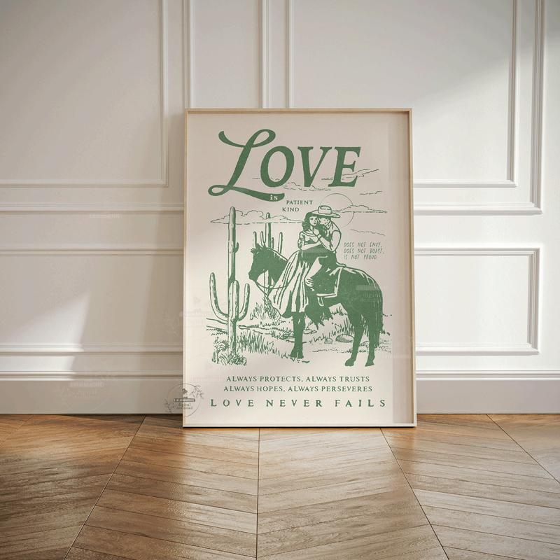 1 Corinthians Love Bible Verse Western Desert Wall Art, Modern Christian Couple Artwork Poster No Frame, Southwestern Housewarming Gift, Wild West Cactus Print, Decor Home