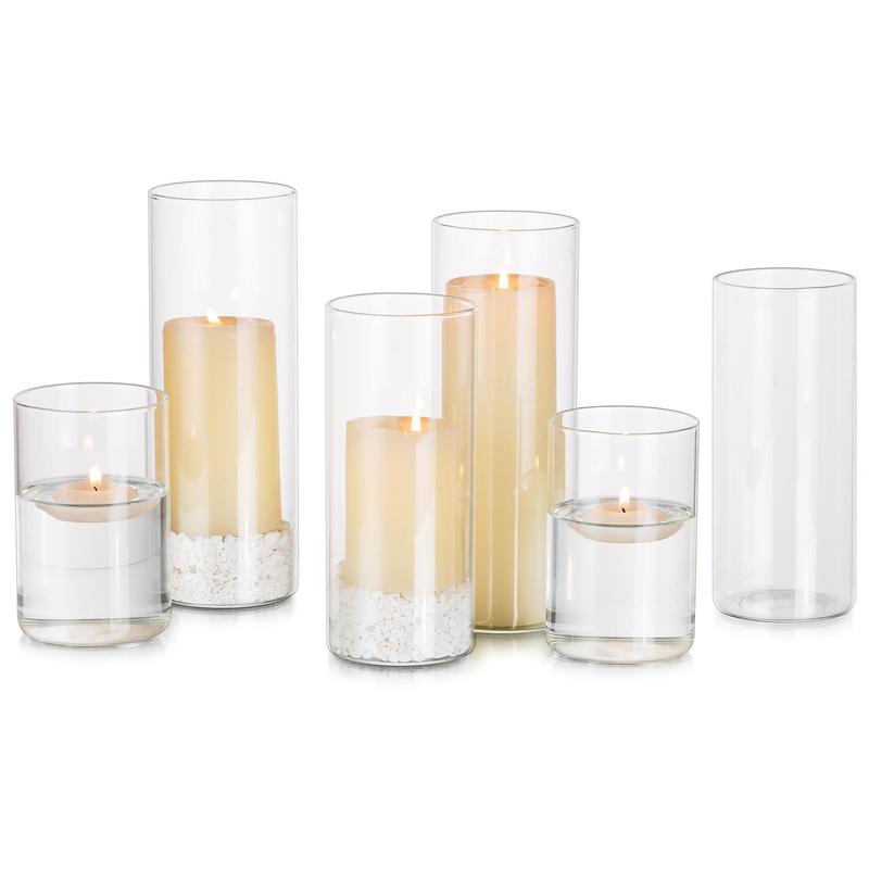 Glasseam Hurricane Glass Candle Holders Set of 6, Clear Cylinder Candle Holders for Pillar Candles, Modern Floating Candles for Centerpieces Vases, Candle Holders for Table Centerpiece, 4