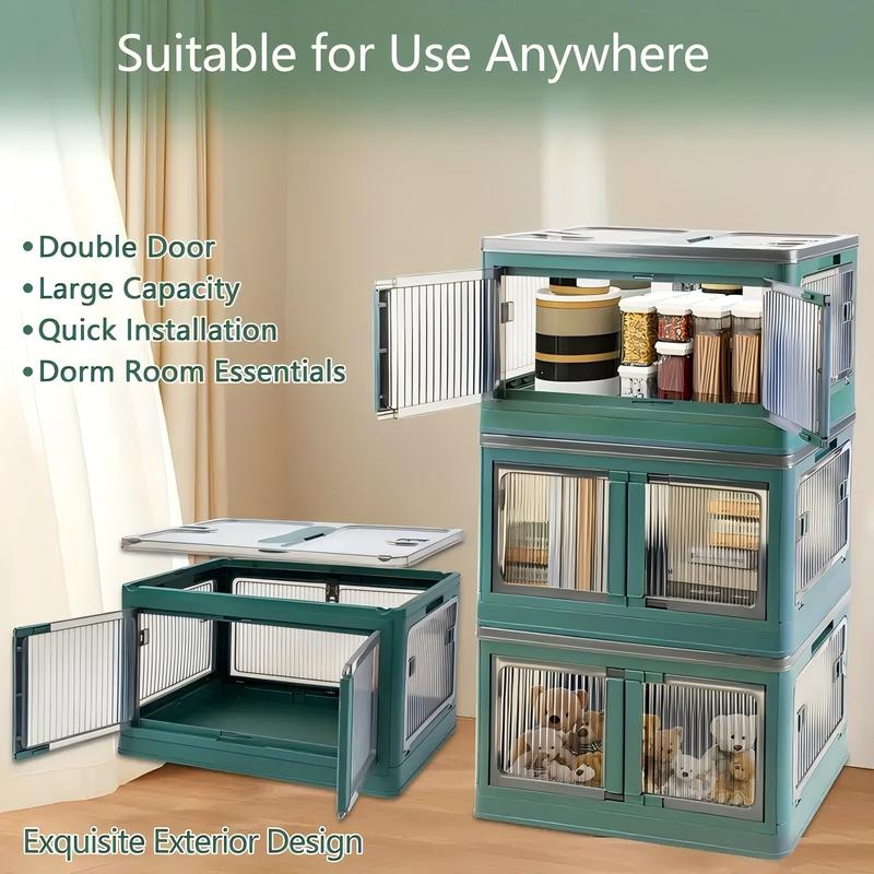 3 Pack Stackable Storage Bins With Lids - Green Plastic Storage Bins - Folding Storage Box - Foldable Plastic Storage Container With Lids And Doors - For Book Storage, Study Room