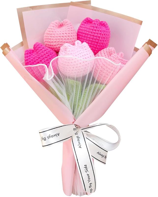 Crochet Tulip Flower Bouquet, Handmade Knitted Artificial Tulip Flowers, Gift for Mom Wife Women(Pink)