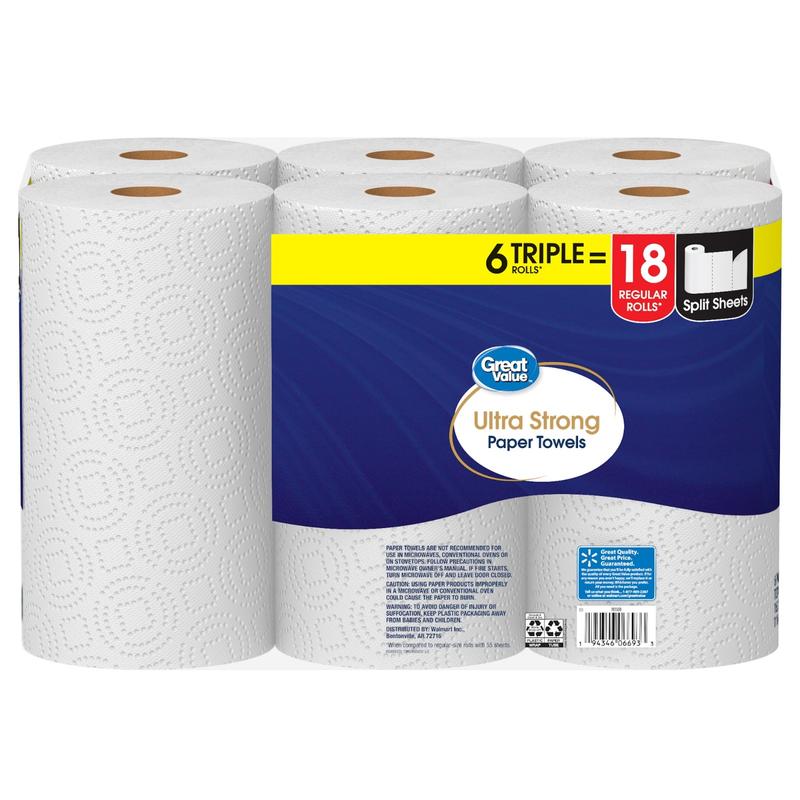 Great Value Ultra Strong Paper Towels, White, 6 Triple Rolls