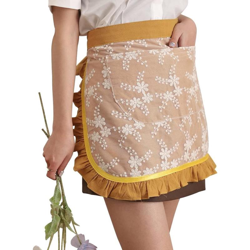 Apron for women - Lovely Half Apron Cotton Lace Embroidered Server Waitress Apron Short Apron for Womens Girls