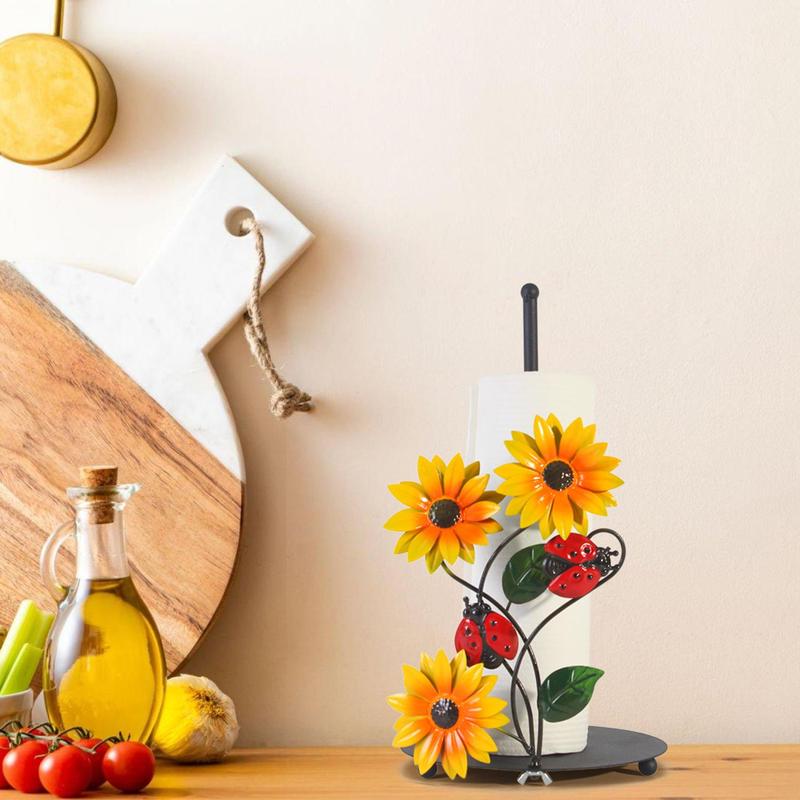 Sunflower & Ladybug Design Paper Towel Holder, 1 Count Iron Paper Towel Storage Rack, Kitchen Storage Organizer for Home Dining Room Picnic Decor