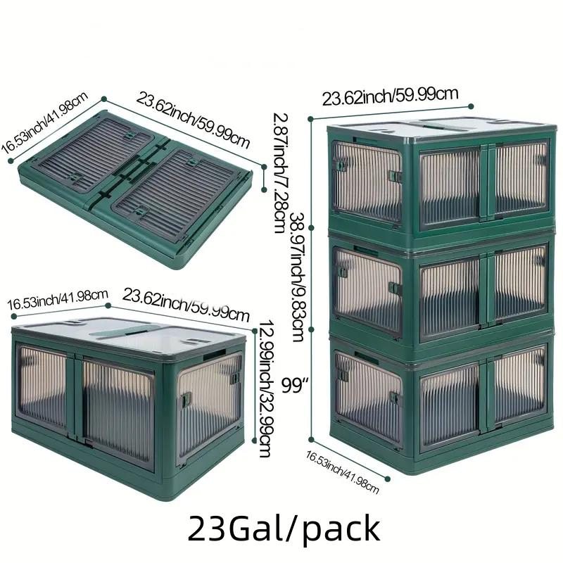 3 Pack Stackable Storage Bins With Lids - Green Plastic Storage Bins - Folding Storage Box - Foldable Plastic Storage Container With Lids And Doors - For Book Storage, Study Room