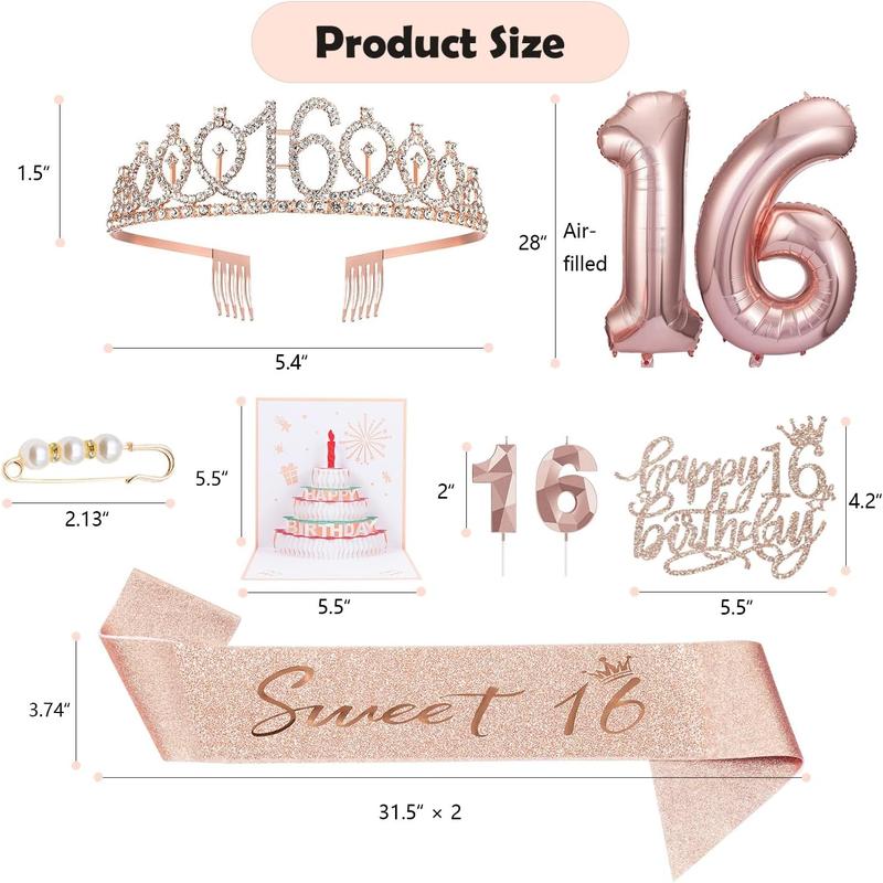 8pcs Sweet 16 Birthday Decorations for Girls, Including 16th Happy Birthday Cake Toppers, Birthday Queen Sash with Pearl Pin, Sweet Rhinestone Tiara Crown, Number Candles and Balloons Set, Rose Gold