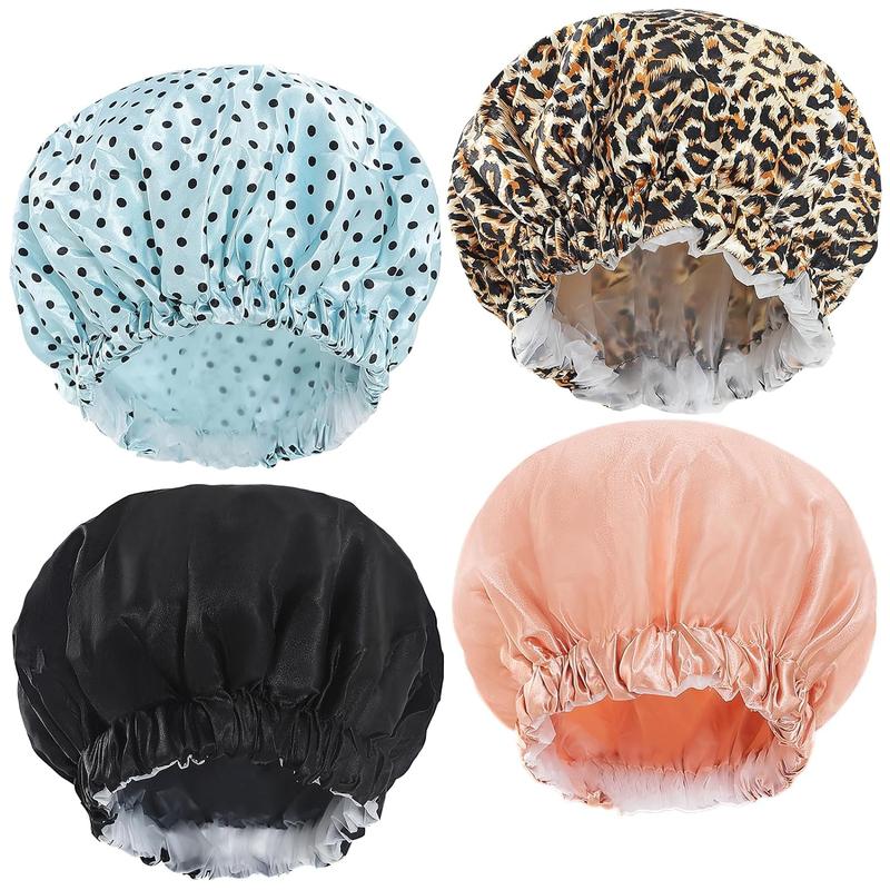 4 Pack Reusable Waterproof Shower Caps for Women with Toiletry Bag - Large Hair Shower Cap Set for Long Hair, Hair Protection Double Waterproof Layers Bath Hat